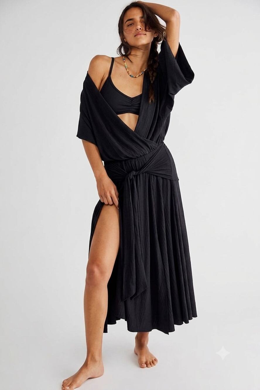 Free People FP Beach Black Plunge Tie Waist Midi Cover Up Small Boho Resort